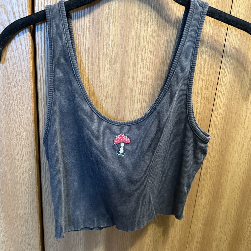 Gray Tank Top with Mushroom Embroidery